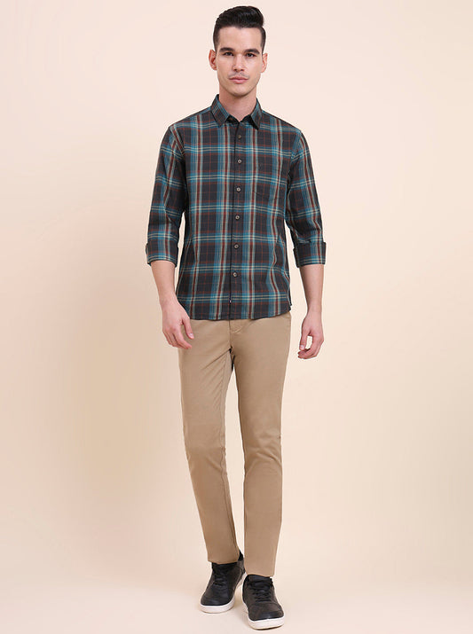 Green Checked Slim Fit Casual Shirt | Greenfibre