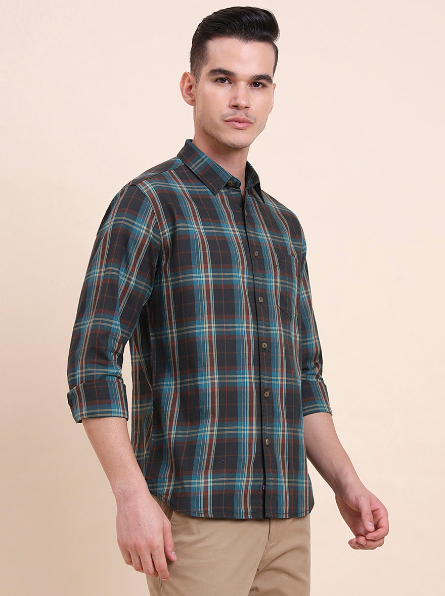 Green Checked Slim Fit Casual Shirt | Greenfibre
