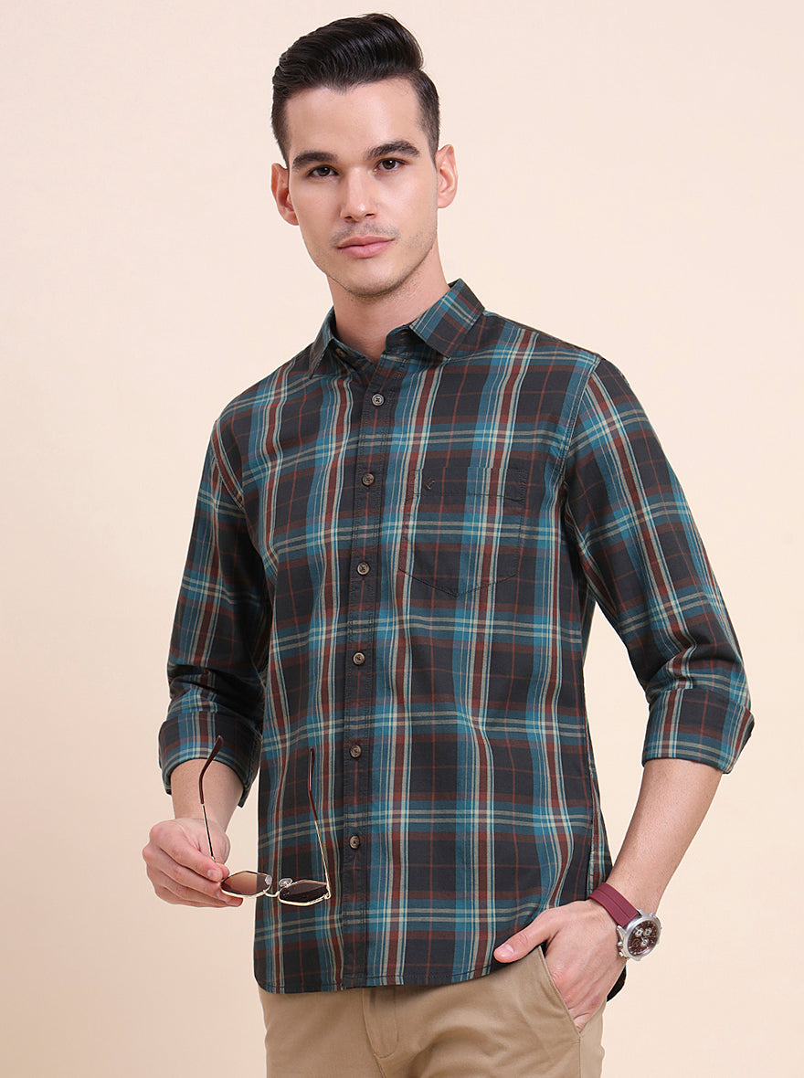 Green Checked Slim Fit Casual Shirt | Greenfibre