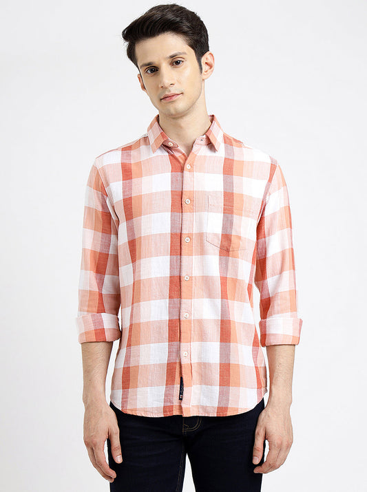 Orange Checked Slim Fit Casual Shirt | Greenfibre
