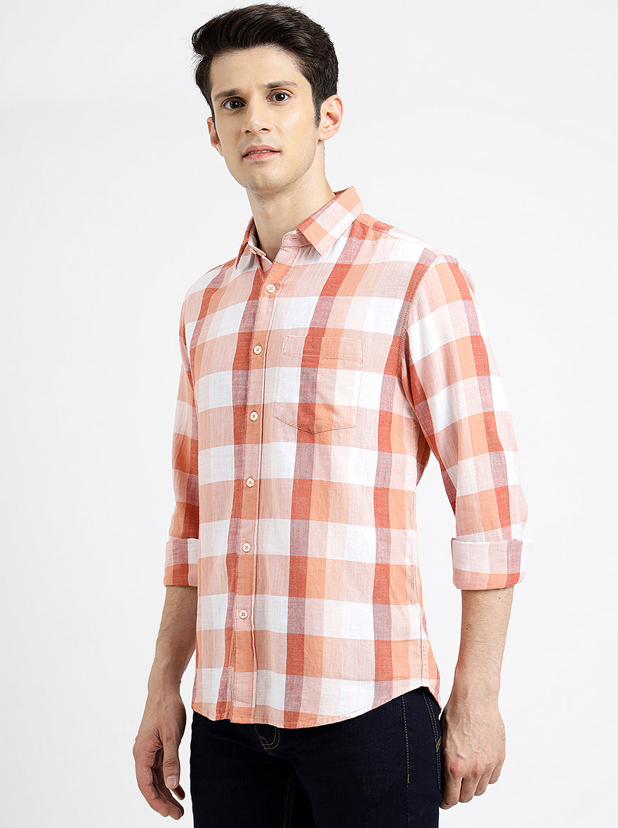 Orange Checked Slim Fit Casual Shirt | Greenfibre