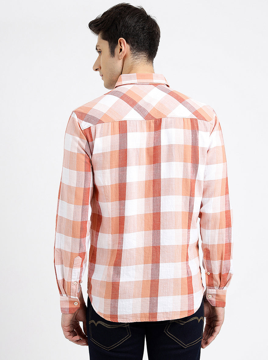 Orange Checked Slim Fit Casual Shirt | Greenfibre