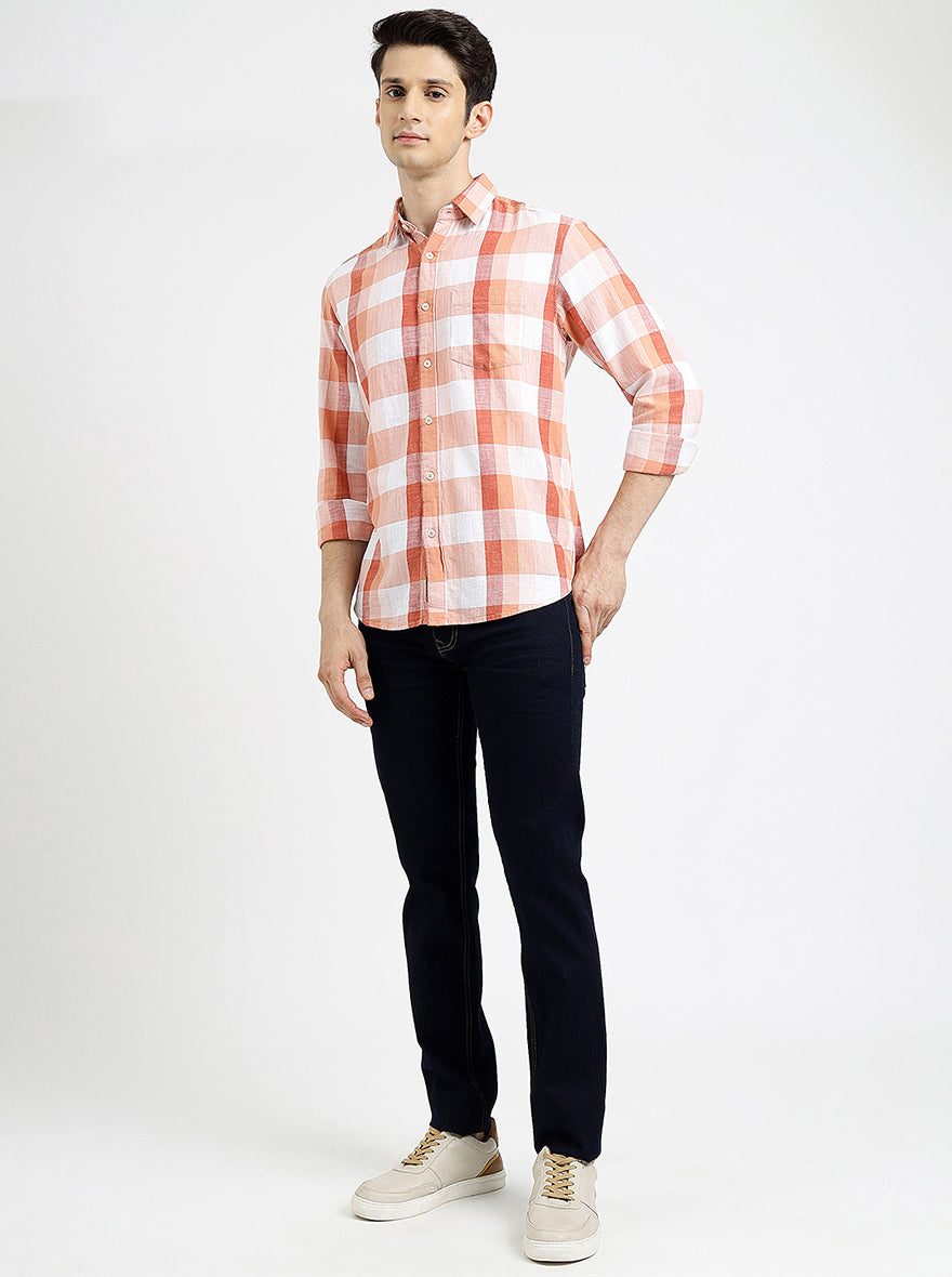 Orange Checked Slim Fit Casual Shirt | Greenfibre