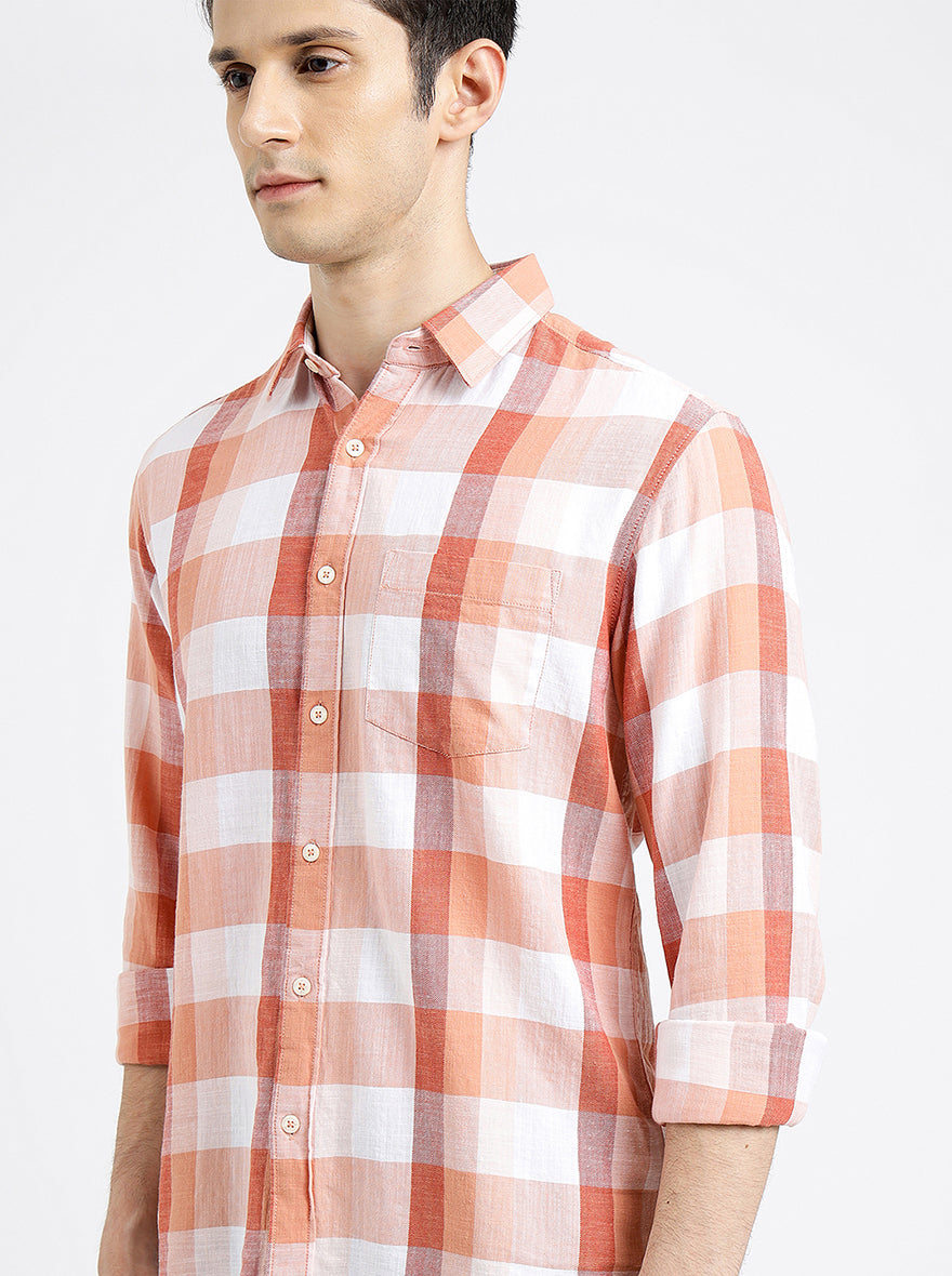 Orange Checked Slim Fit Casual Shirt | Greenfibre