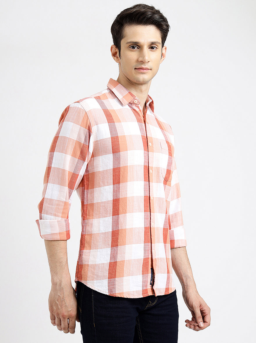 Orange Checked Slim Fit Casual Shirt | Greenfibre