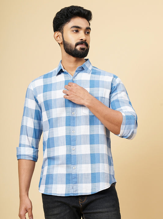 Blue Checked Slim Fit Casual Shirt | Greenfibre