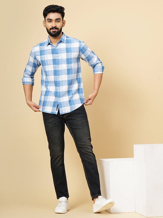 Blue Checked Slim Fit Casual Shirt | Greenfibre
