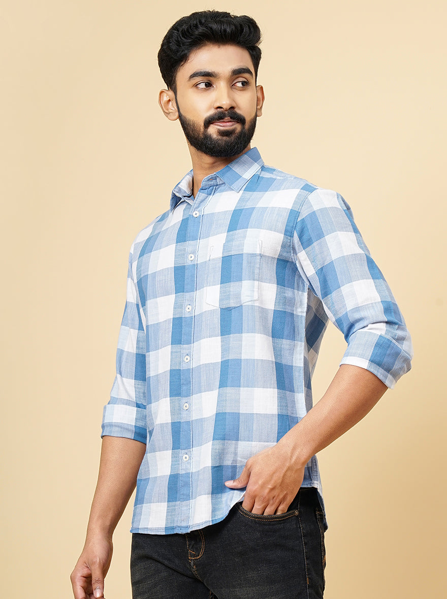 Blue Checked Slim Fit Casual Shirt | Greenfibre