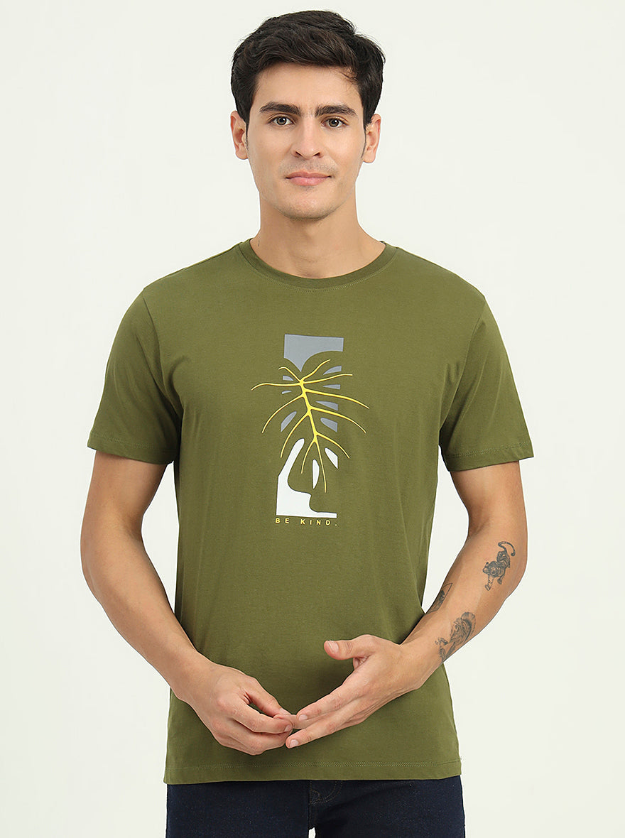 Olive Green Printed Slim Fit T-Shirt | Greenfibre