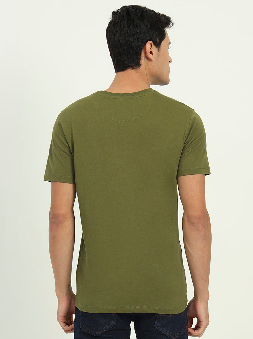 Olive Green Printed Slim Fit T-Shirt | Greenfibre