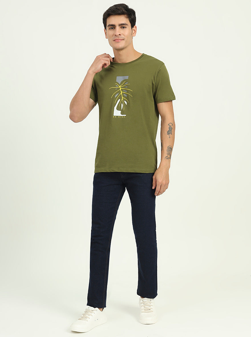 Olive Green Printed Slim Fit T-Shirt | Greenfibre