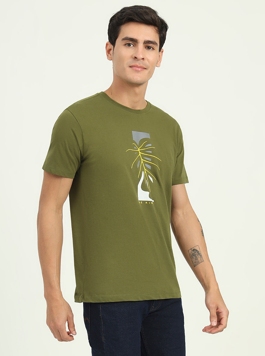 Olive Green Printed Slim Fit T-Shirt | Greenfibre