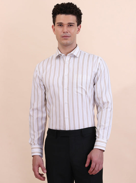White & Fawn Striped Slim Fit Formal Shirt | Greenfibre