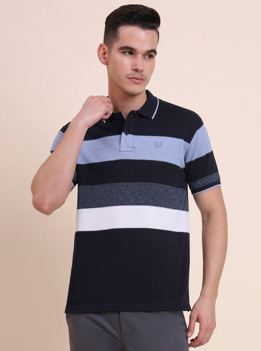 Blue & White Striped Slim Fit Polo T-Shirt | Greenfibre