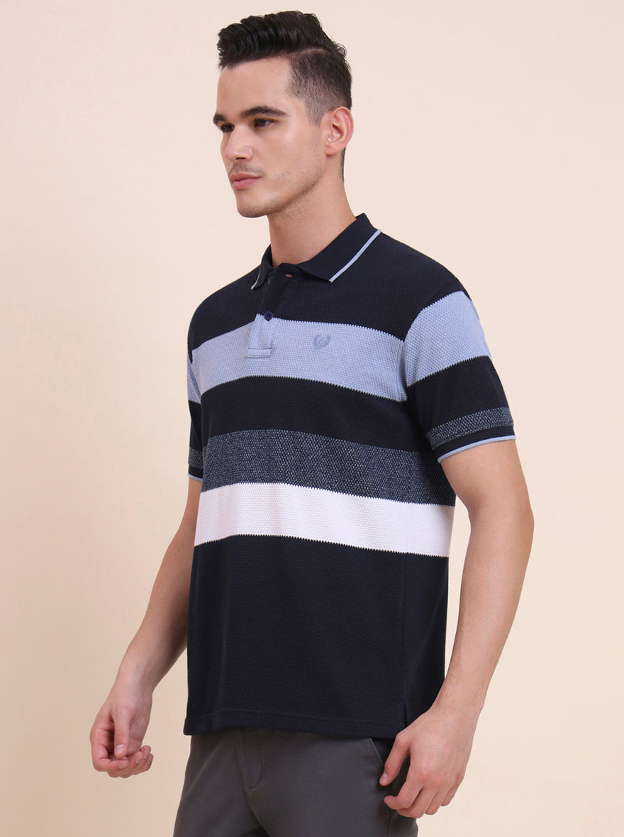 Blue & White Striped Slim Fit Polo T-Shirt | Greenfibre