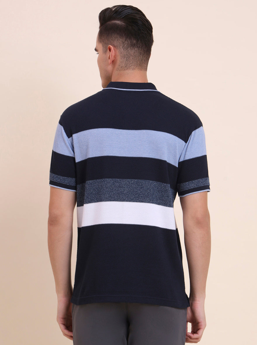 Blue & White Striped Slim Fit Polo T-Shirt | Greenfibre