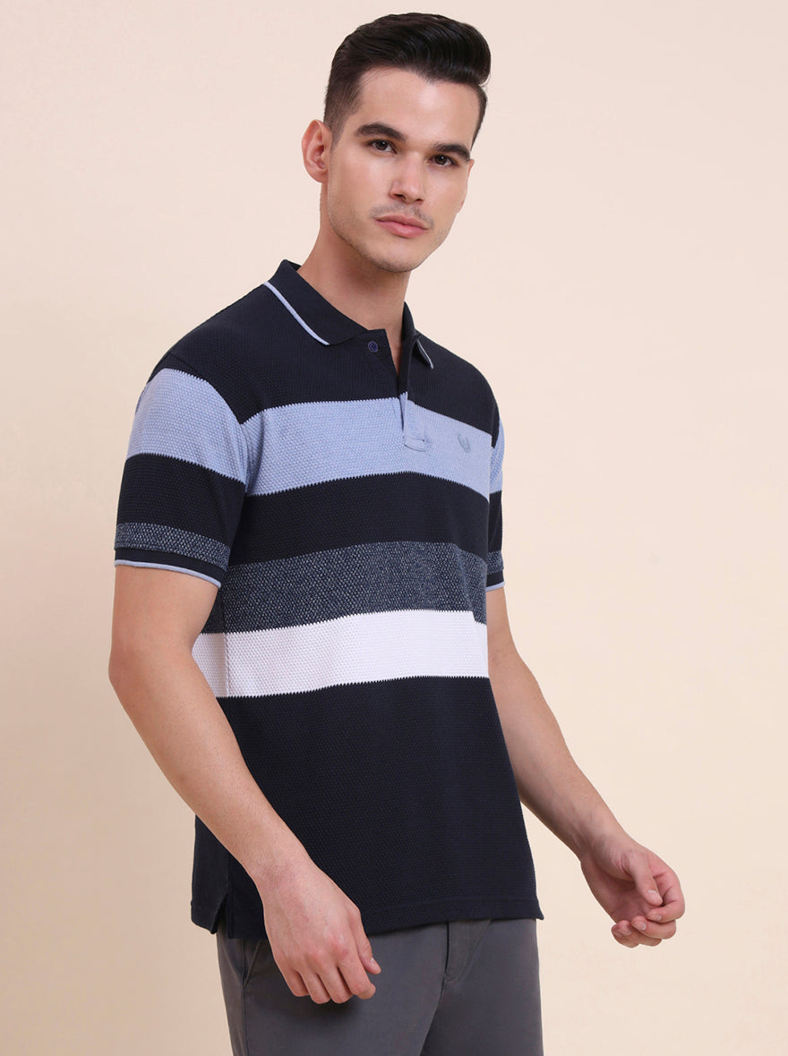 Blue & White Striped Slim Fit Polo T-Shirt | Greenfibre