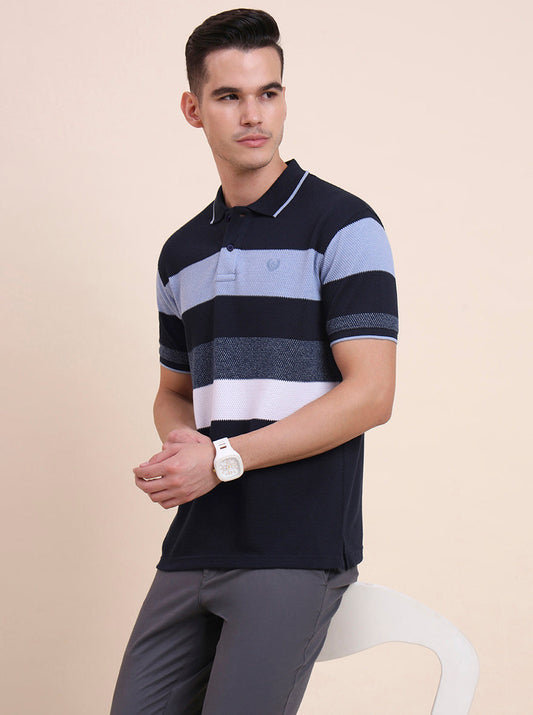 Blue & White Striped Slim Fit Polo T-Shirt | Greenfibre