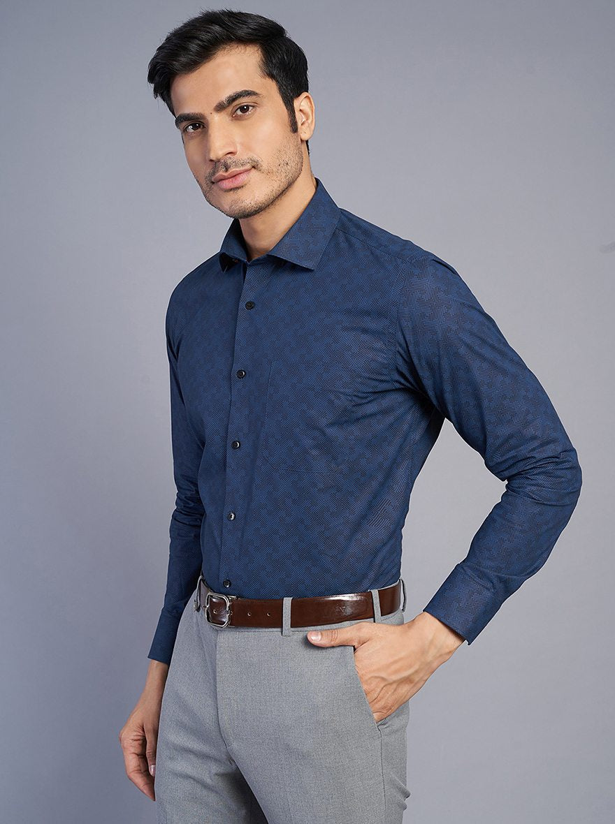 Navy Blue Printed Slim Fit Formal Shirt | Greenfibre