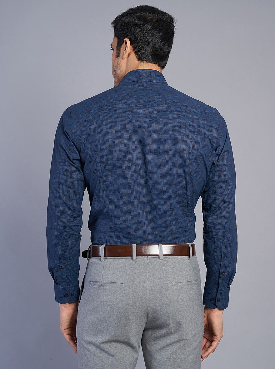 Navy Blue Printed Slim Fit Formal Shirt | Greenfibre