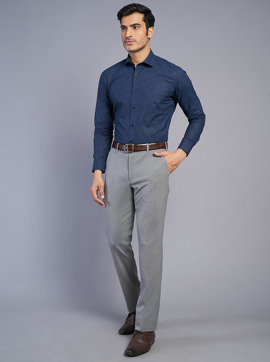 Navy Blue Printed Slim Fit Formal Shirt | Greenfibre