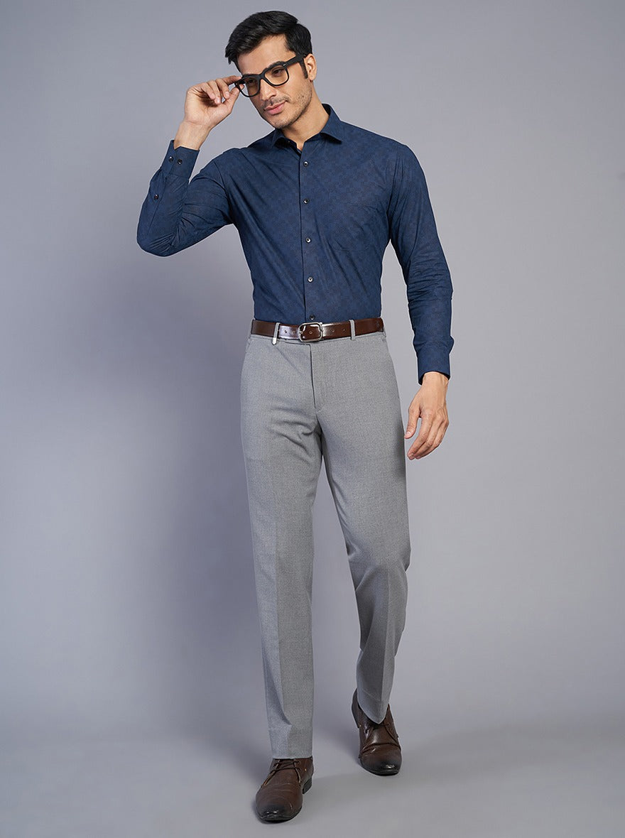 Navy Blue Printed Slim Fit Formal Shirt | Greenfibre