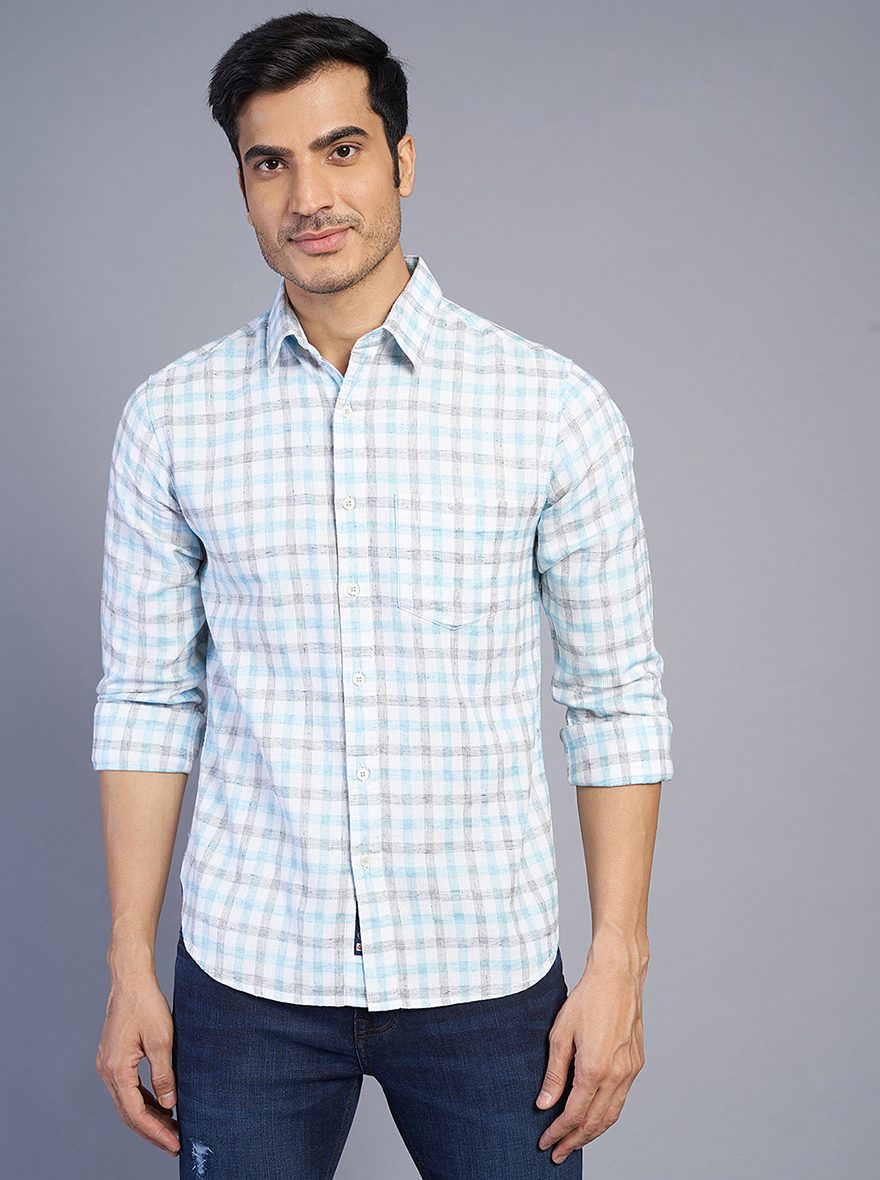 Blue Checked Slim Fit Casual Shirt | Greenfibre