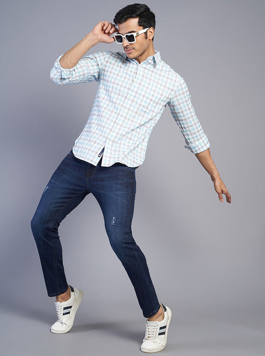 Blue Checked Slim Fit Casual Shirt | Greenfibre