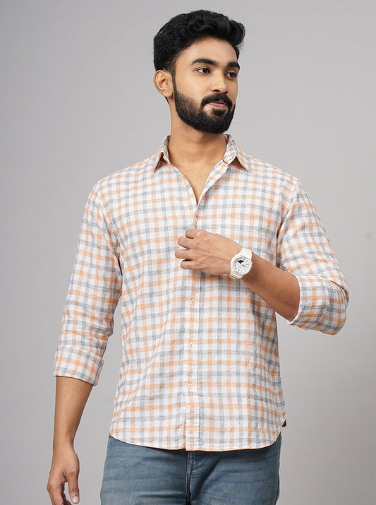 Orange Checked Slim Fit Casual Shirt | Greenfibre