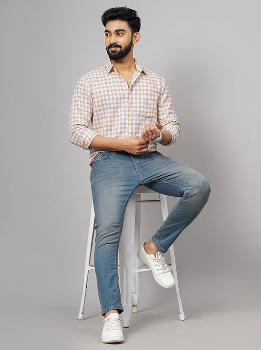 Orange Checked Slim Fit Casual Shirt | Greenfibre