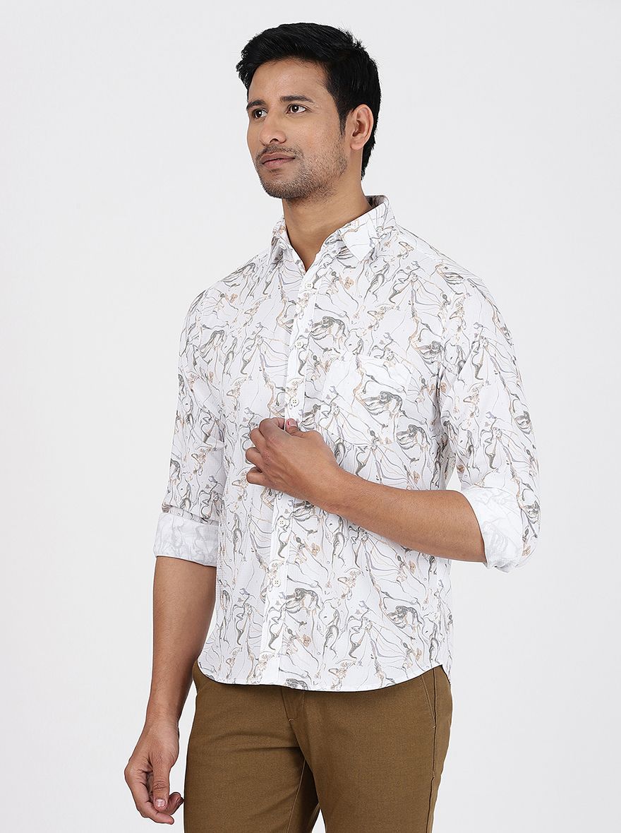 White Printed Slim Fit Casual Shirt | Greenfibre