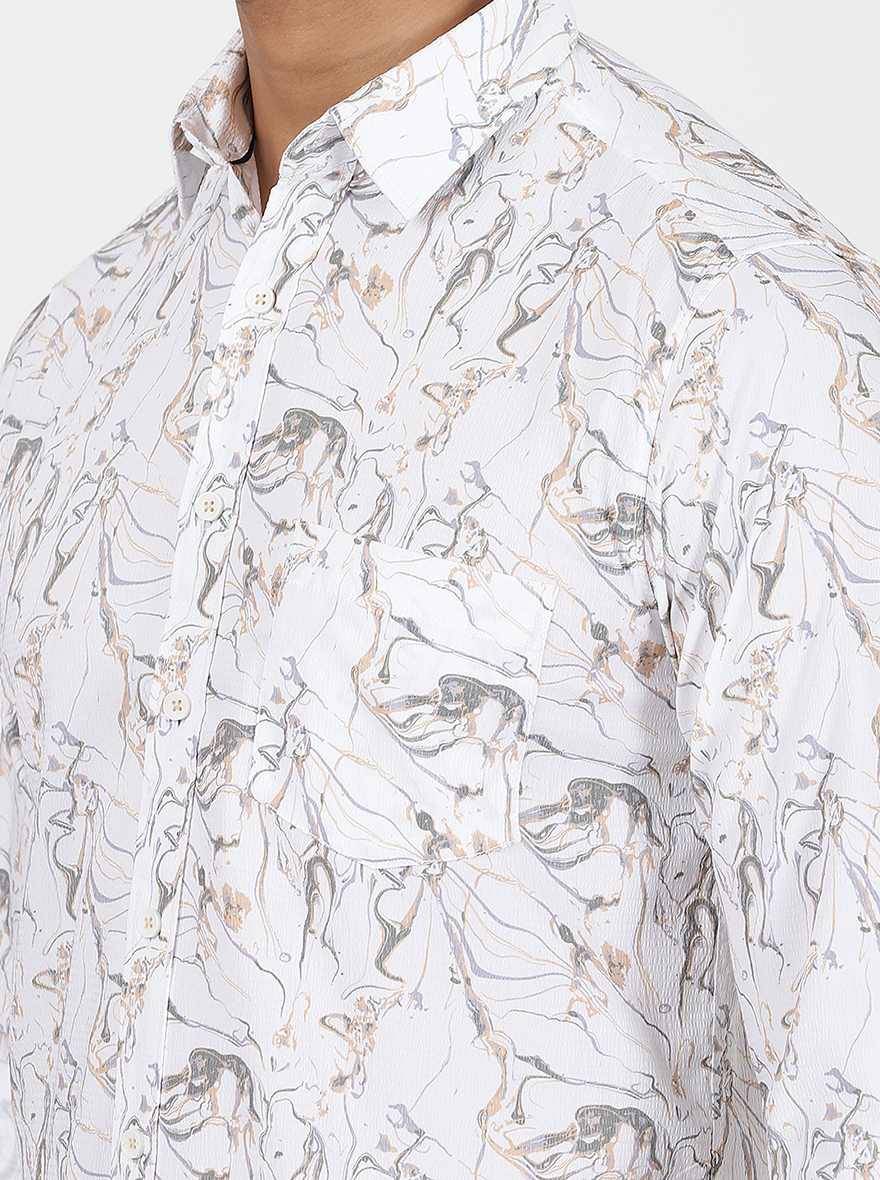 White Printed Slim Fit Casual Shirt | Greenfibre