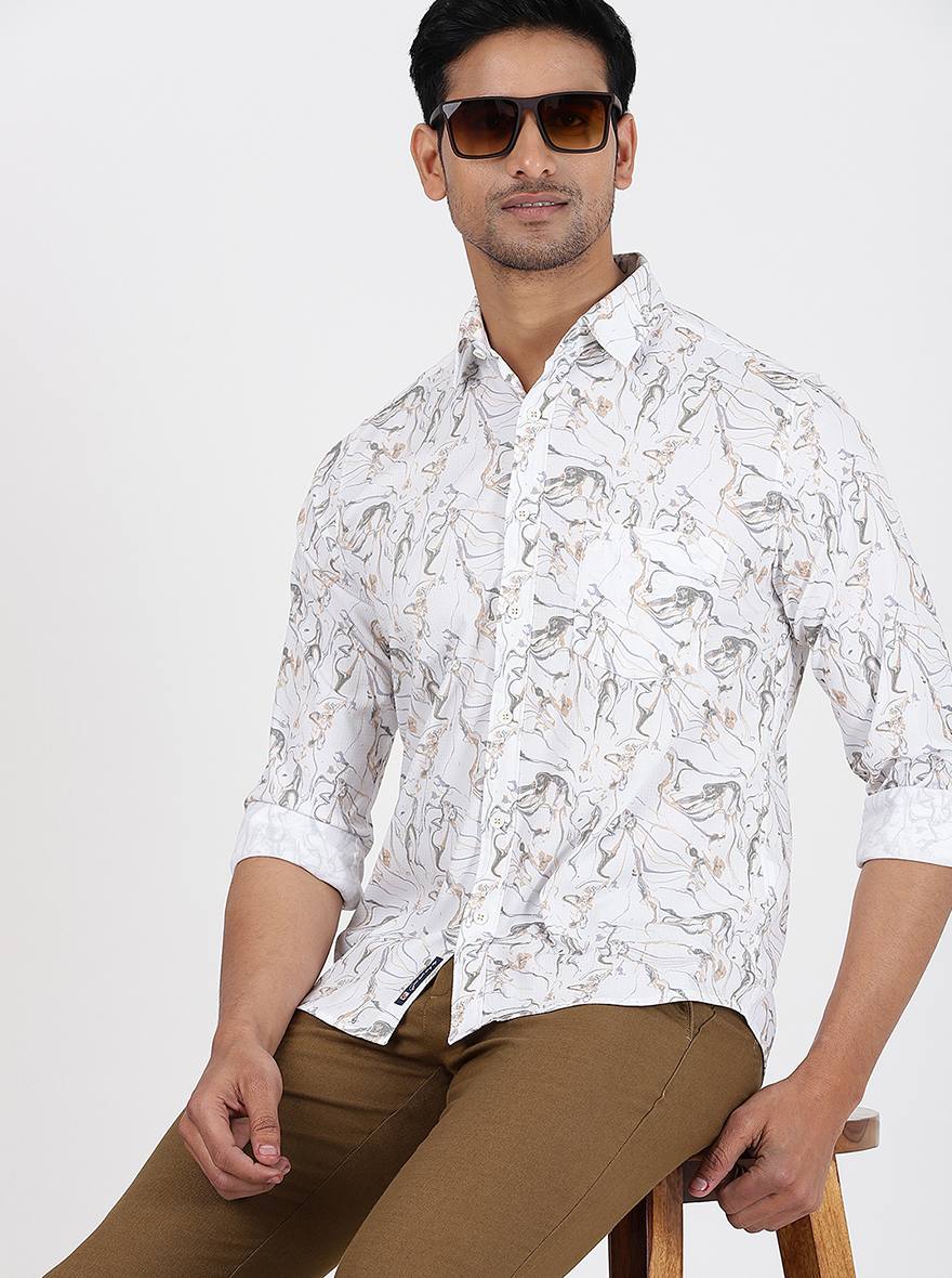 White Printed Slim Fit Casual Shirt | Greenfibre