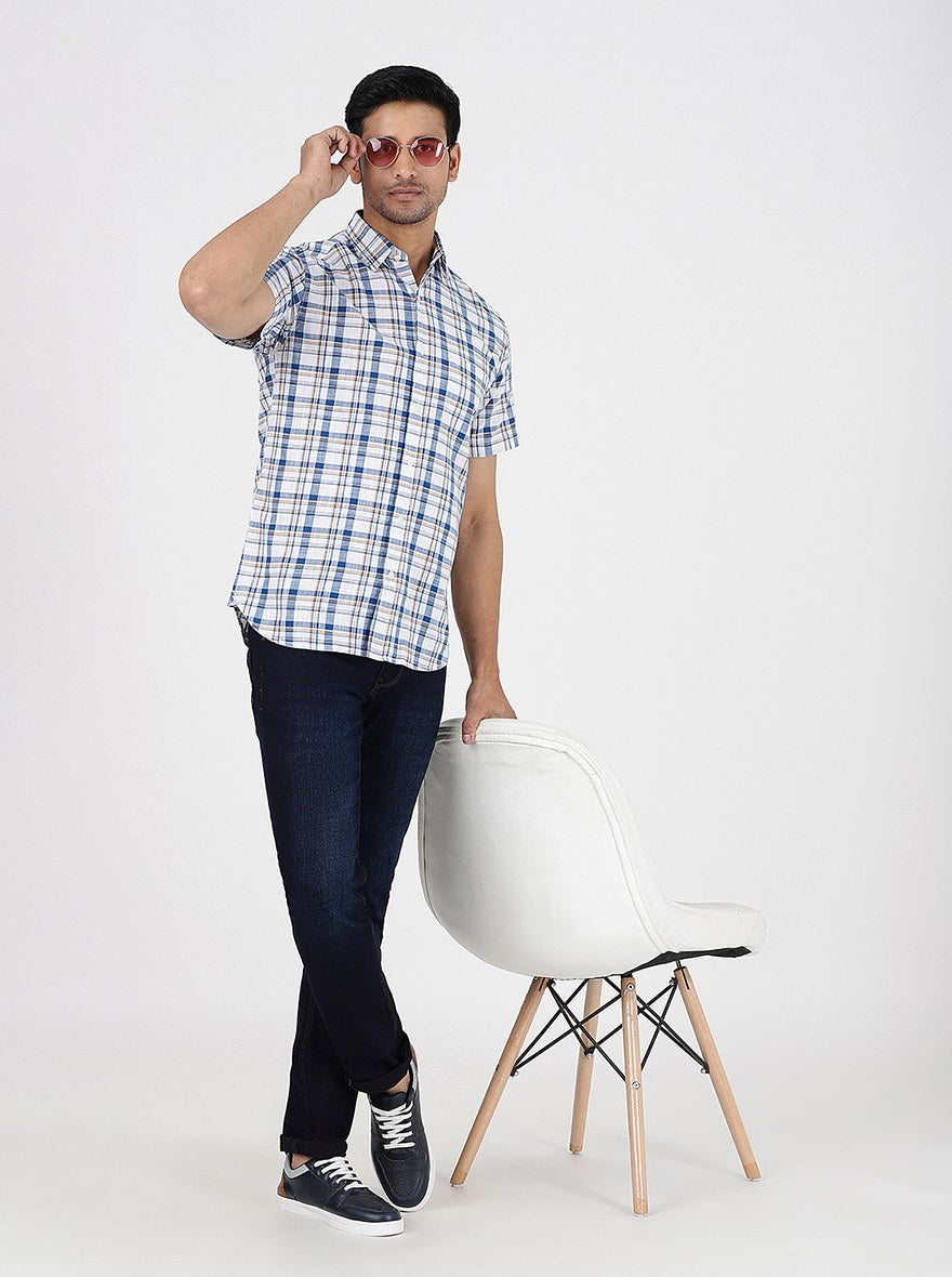 Blue Checked Slim Fit Casual Shirt | Greenfibre