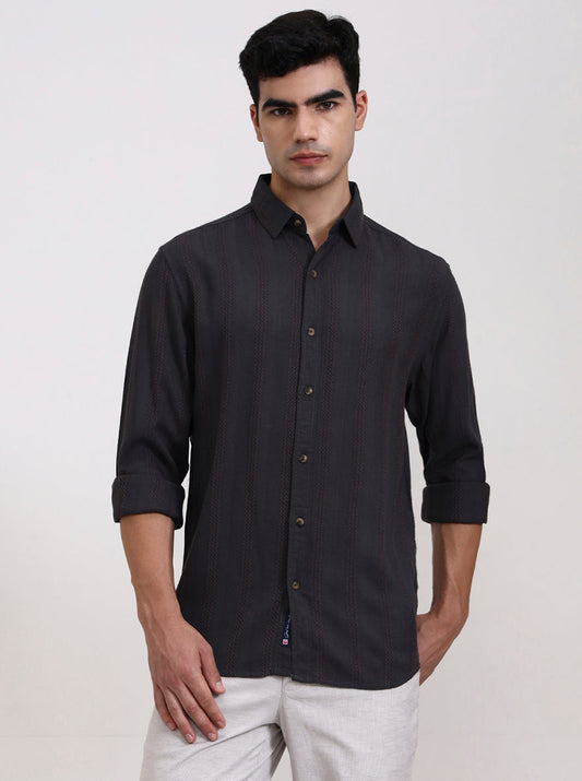 Dark Grey Striped Slim Fit Formal Trouser | Greenfibre