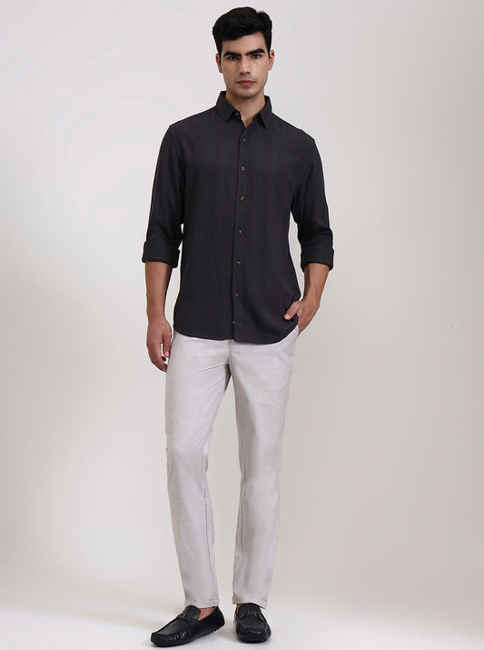 Dark Grey Striped Slim Fit Formal Trouser | Greenfibre