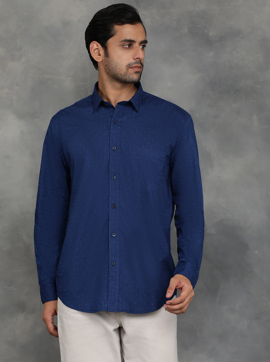 Navy Blue Printed Smart Fit Semi Casual Shirt | GreenFibre
