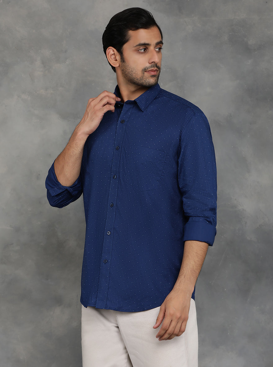 Navy Blue Printed Smart Fit Semi Casual Shirt | GreenFibre