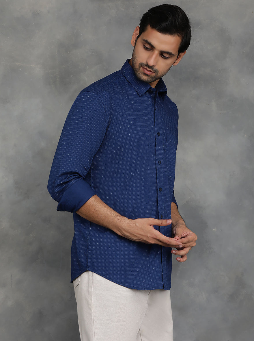 Navy Blue Printed Smart Fit Semi Casual Shirt | GreenFibre