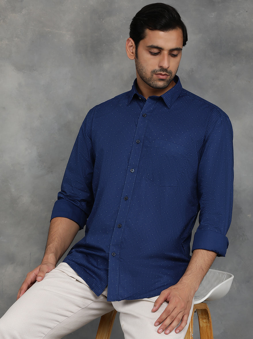 Navy Blue Printed Smart Fit Semi Casual Shirt | GreenFibre