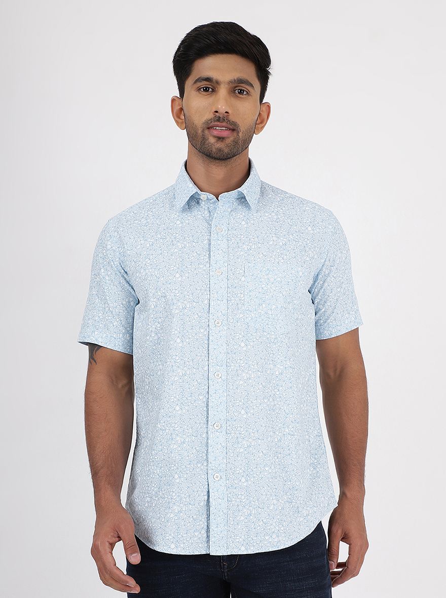 Light Blue Printed Smart Fit Semi Casual Shirt | Greenfibre