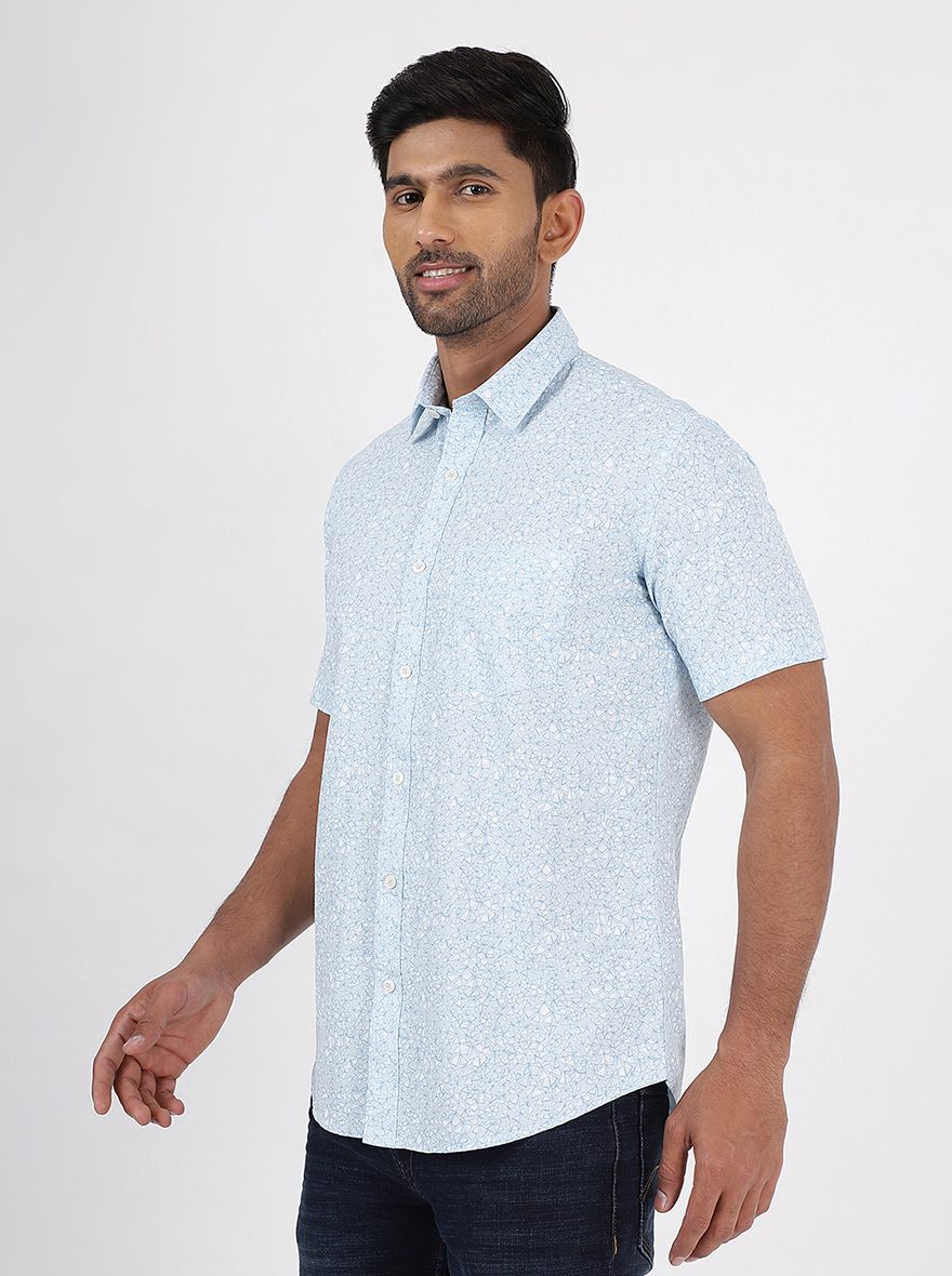Light Blue Printed Smart Fit Semi Casual Shirt | Greenfibre