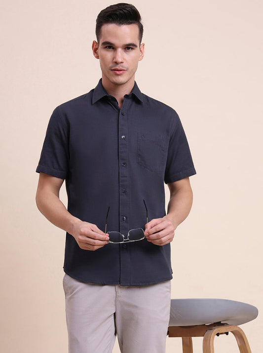 Charcoal Blue Solid Smart Fit Semi Casual Shirt | Greenfibre