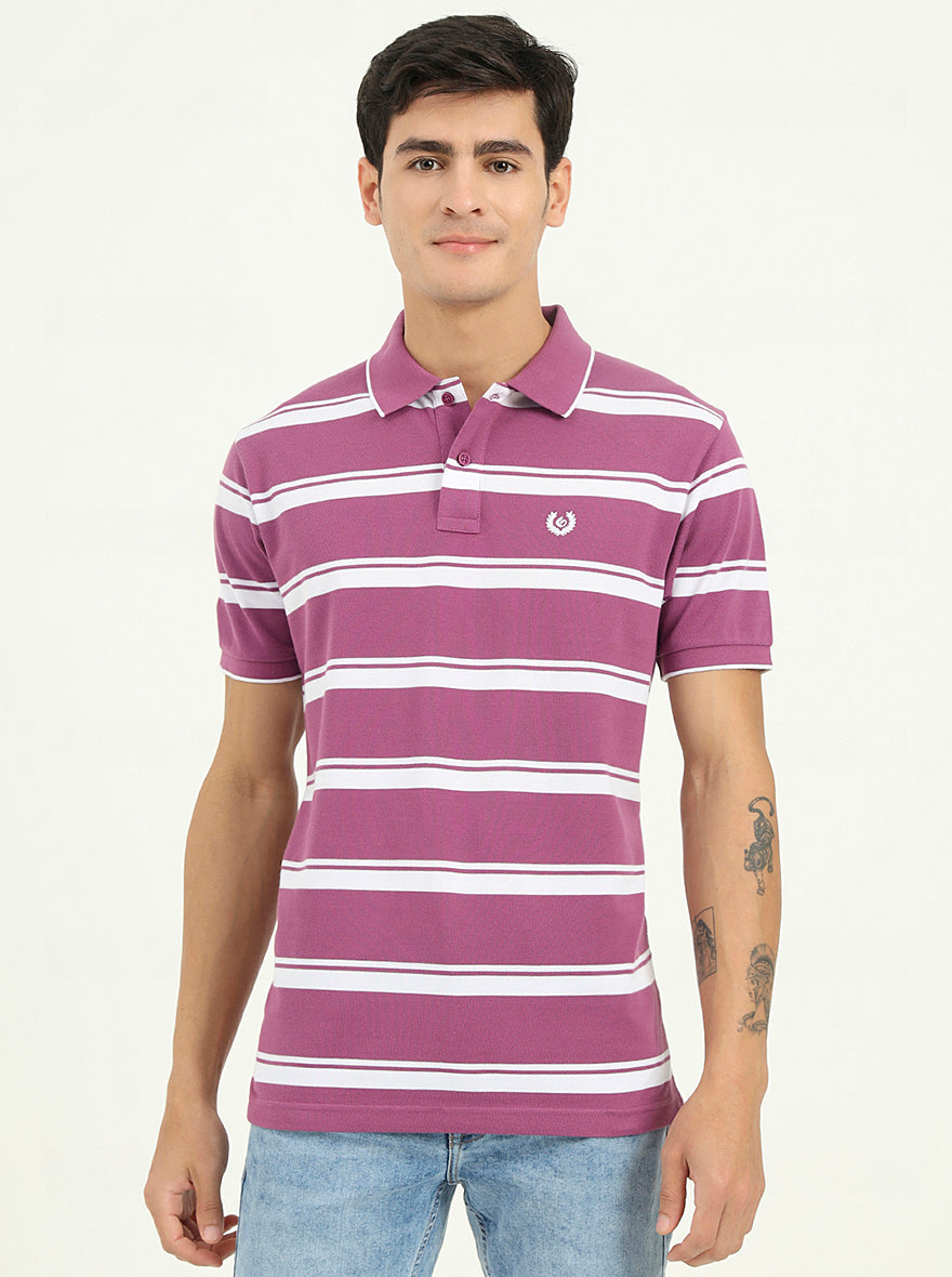 White & Lavender Striped Slim Fit Polo T-Shirt | Greenfibre