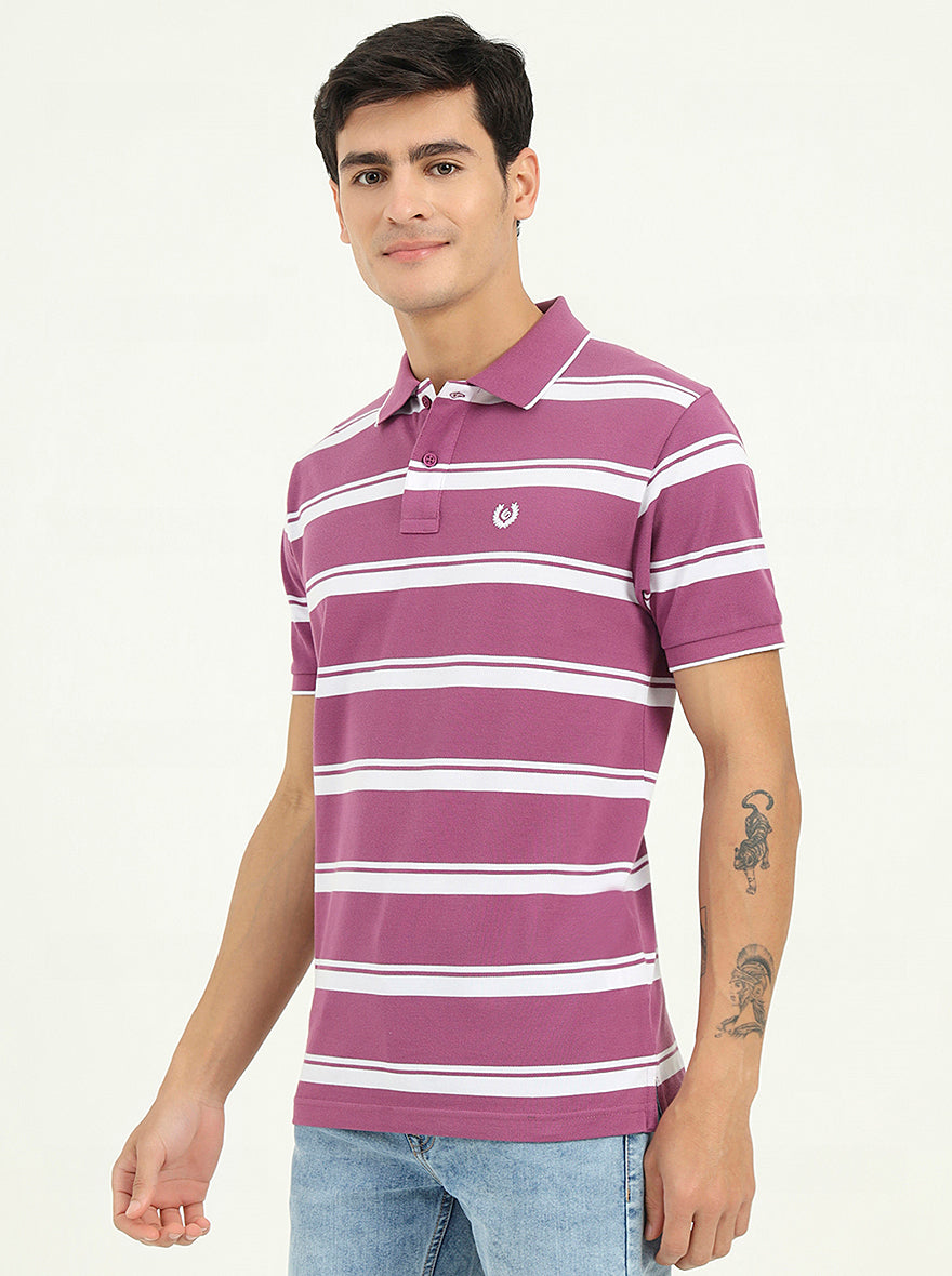 White & Lavender Striped Slim Fit Polo T-Shirt | Greenfibre