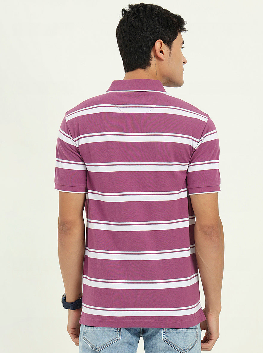 White & Lavender Striped Slim Fit Polo T-Shirt | Greenfibre