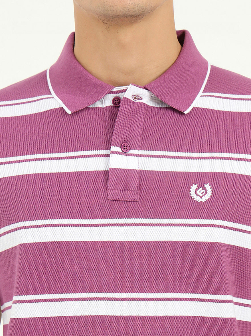 White & Lavender Striped Slim Fit Polo T-Shirt | Greenfibre