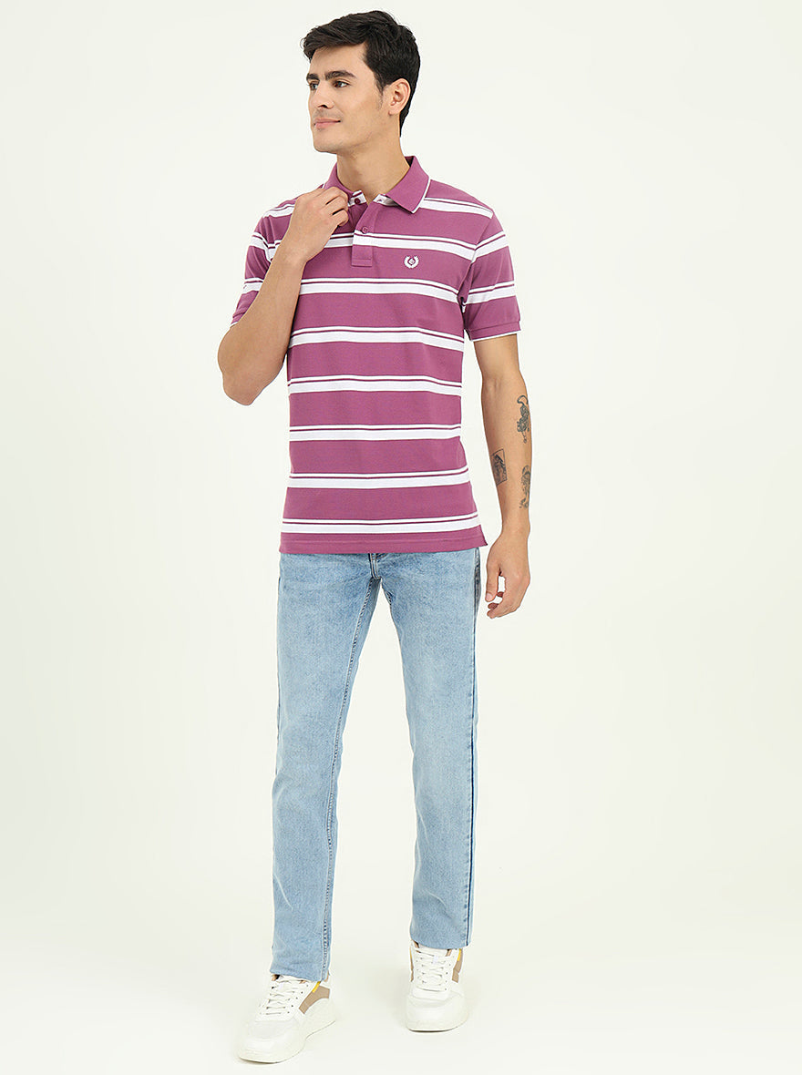 White & Lavender Striped Slim Fit Polo T-Shirt | Greenfibre
