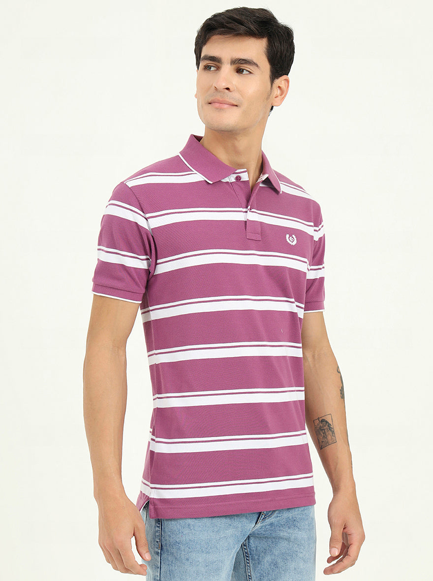 White & Lavender Striped Slim Fit Polo T-Shirt | Greenfibre