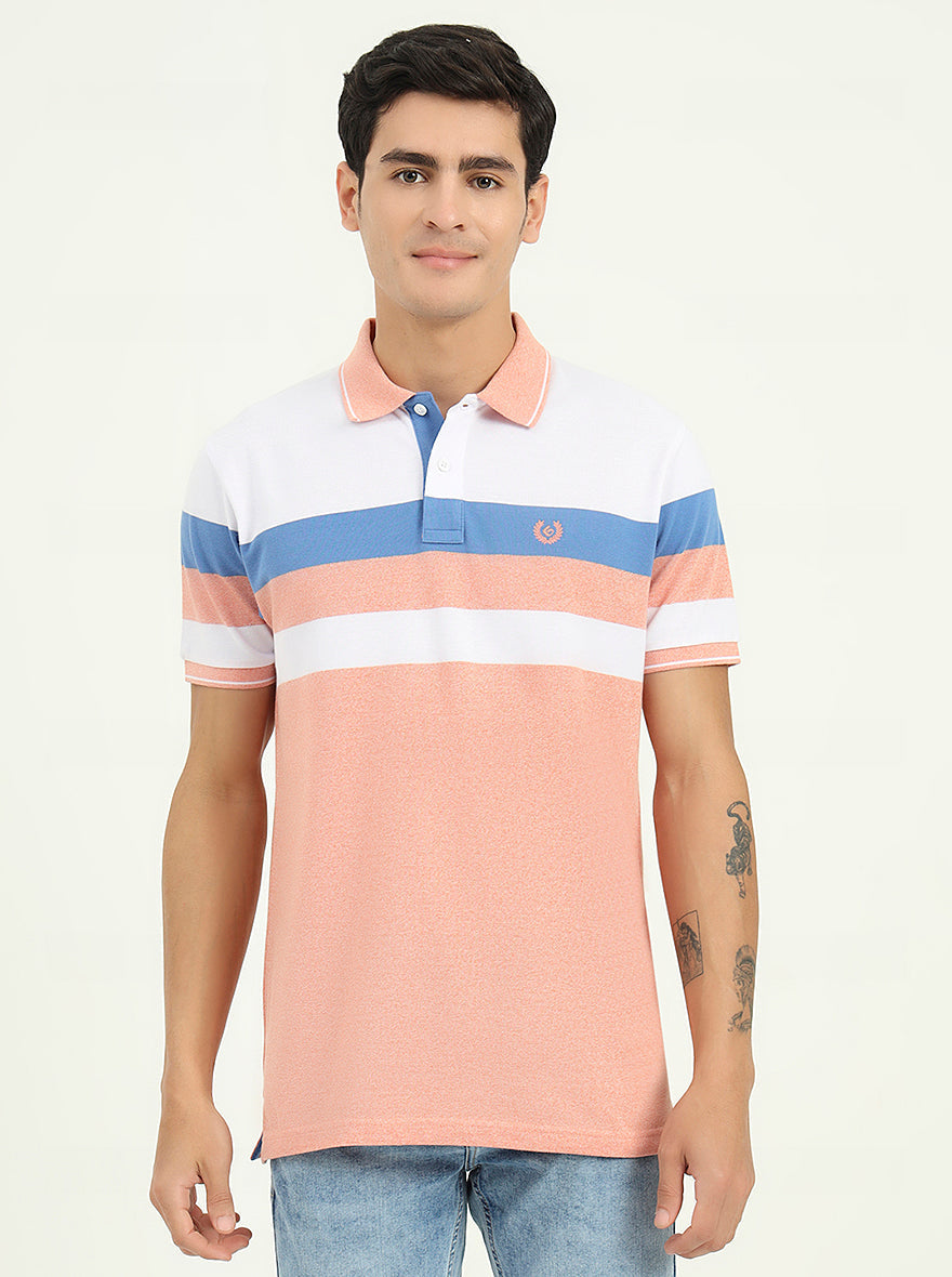 White & Peach Striped Slim Fit Polo T-Shirt | Greenfibre